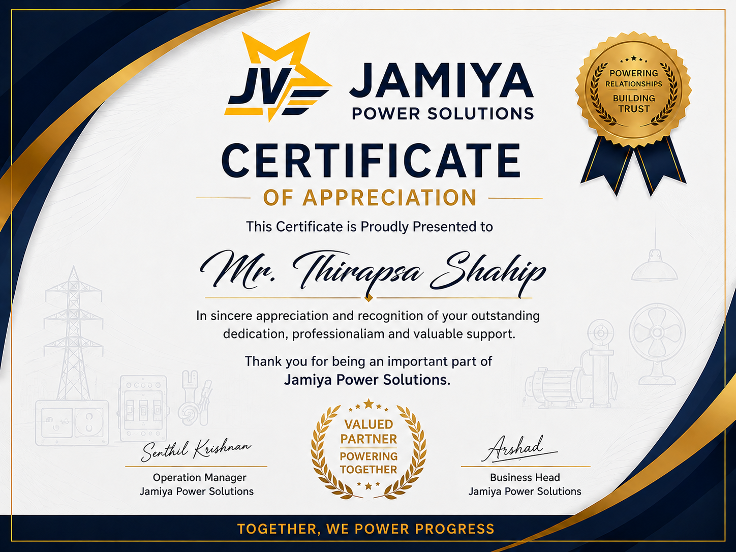Certificate of Appreciation awarded to Thirapsa Shahip