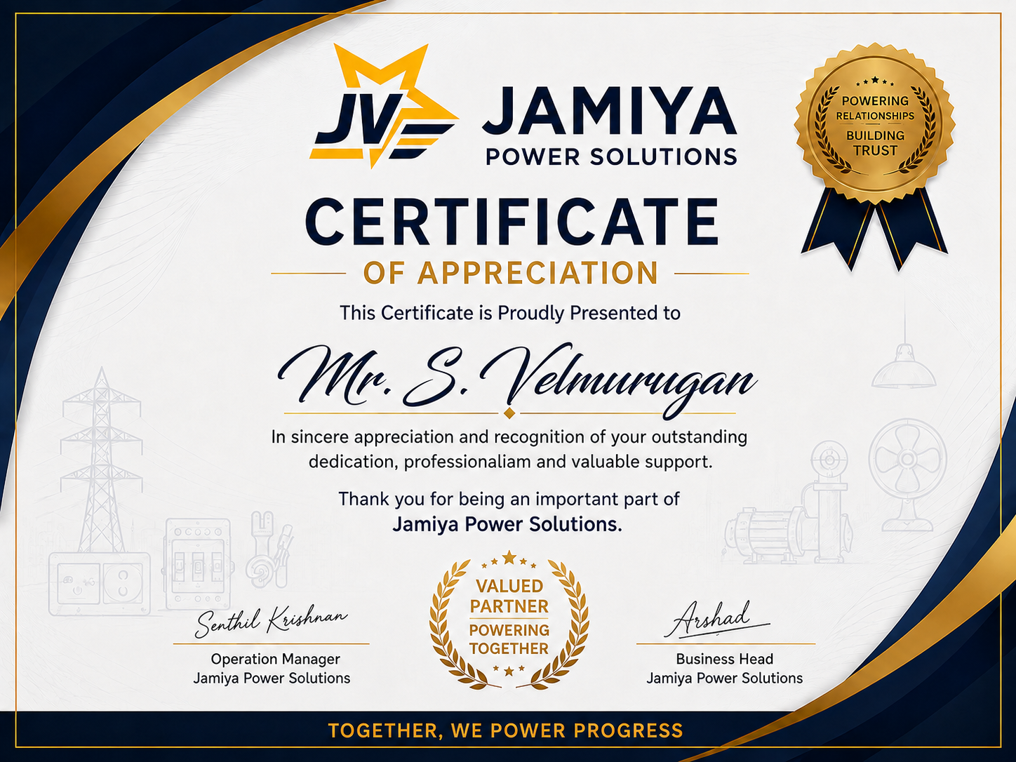 Certificate of Appreciation awarded to Velmurugan